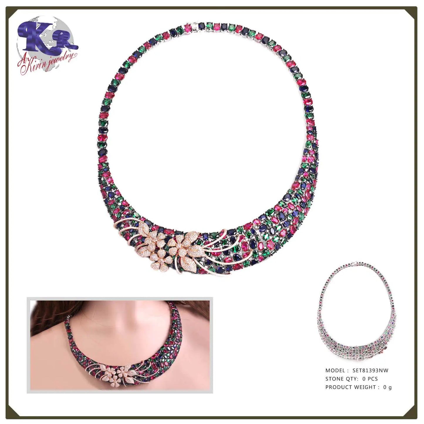 Wholesale Silver CZ & Corundum Colorful Gem Necklace Flower Bridal Jewelry Sets