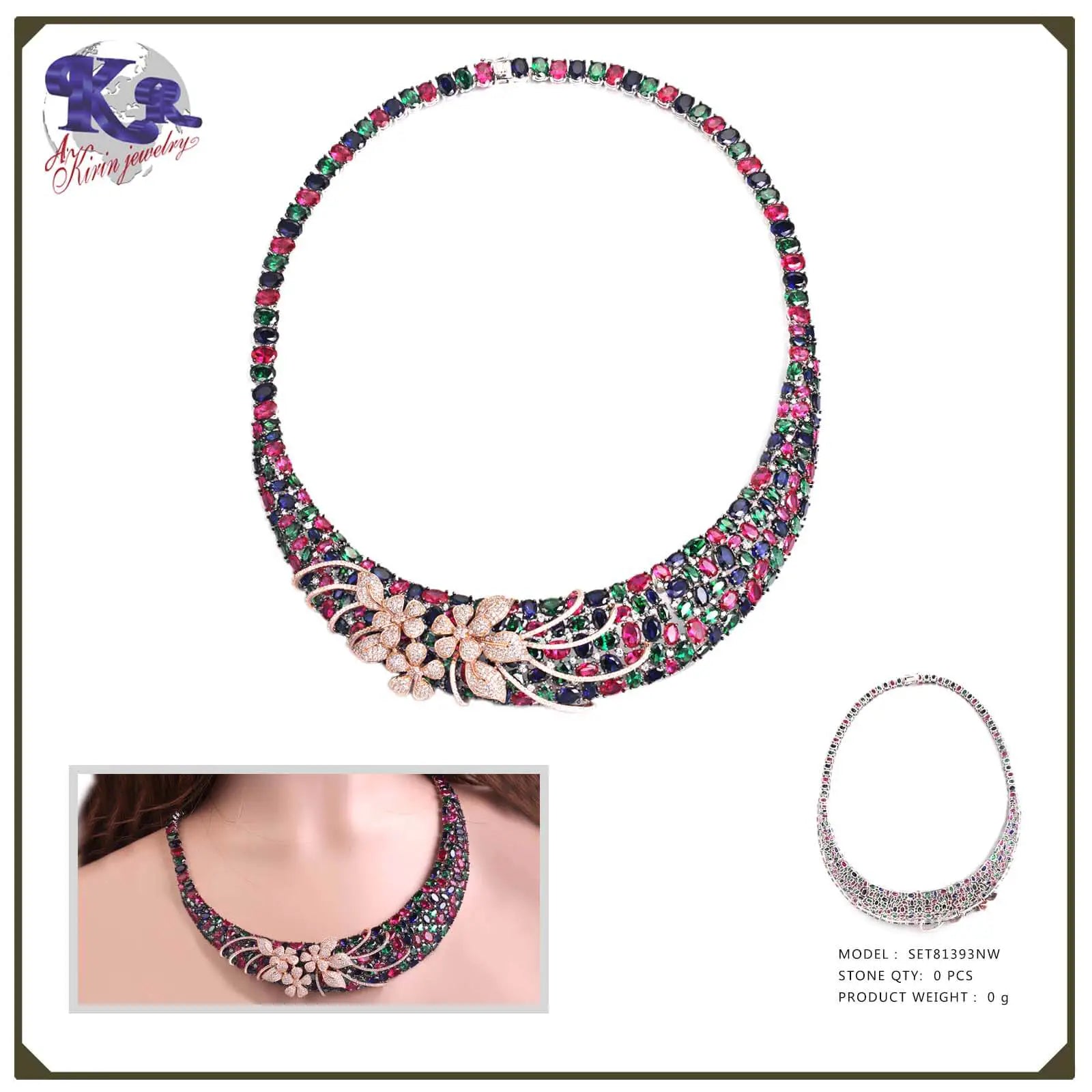 Wholesale Silver CZ & Corundum Colorful Gem Necklace Flower Bridal Jewelry Sets
