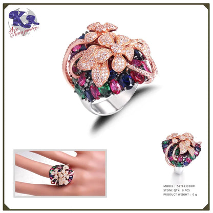 Wholesale Silver CZ & Corundum Colorful Gem Ring Flower Bridal Jewelry Sets