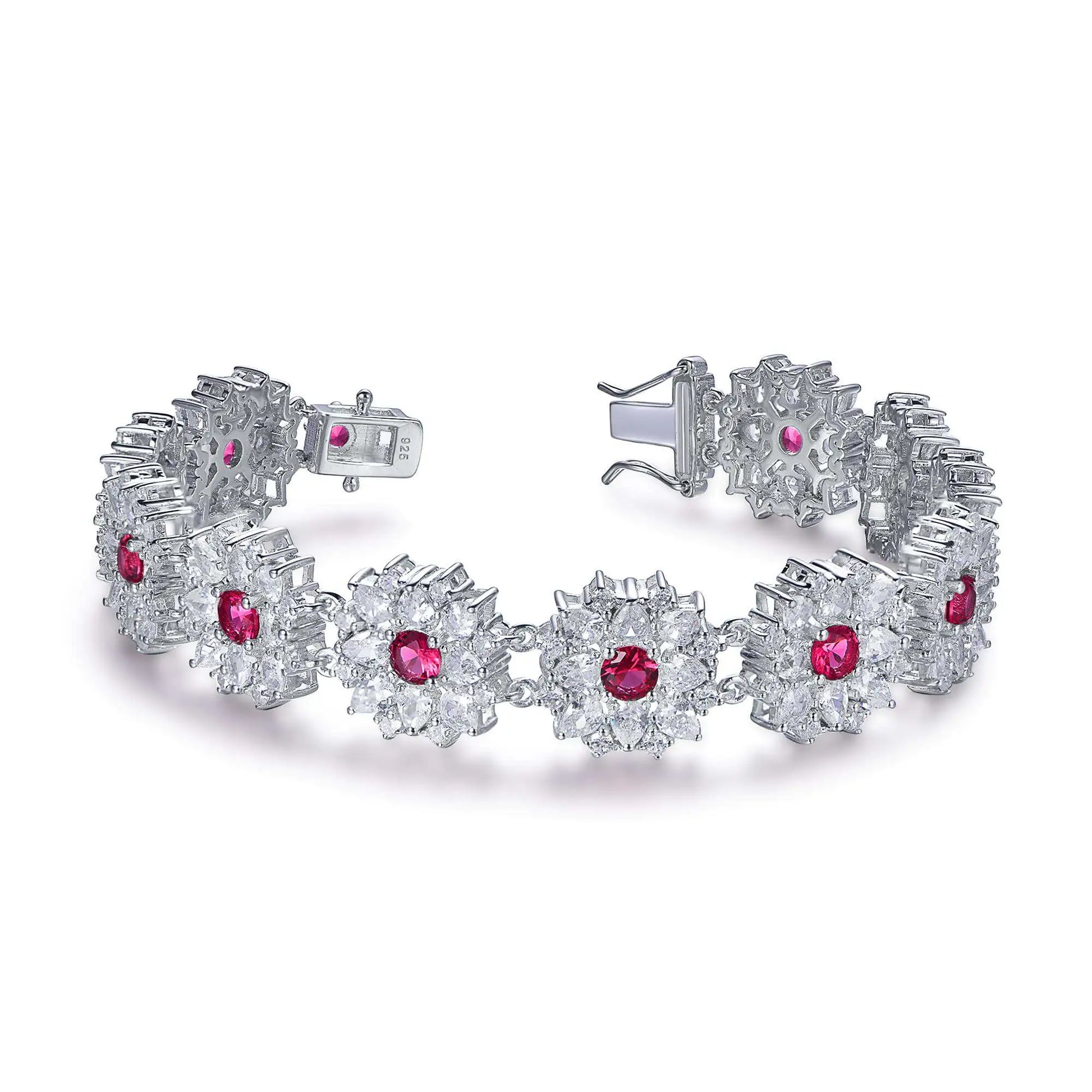 Wholesale Silver CZ & Corundum Created Ruby Flower Tennis Bracelet​