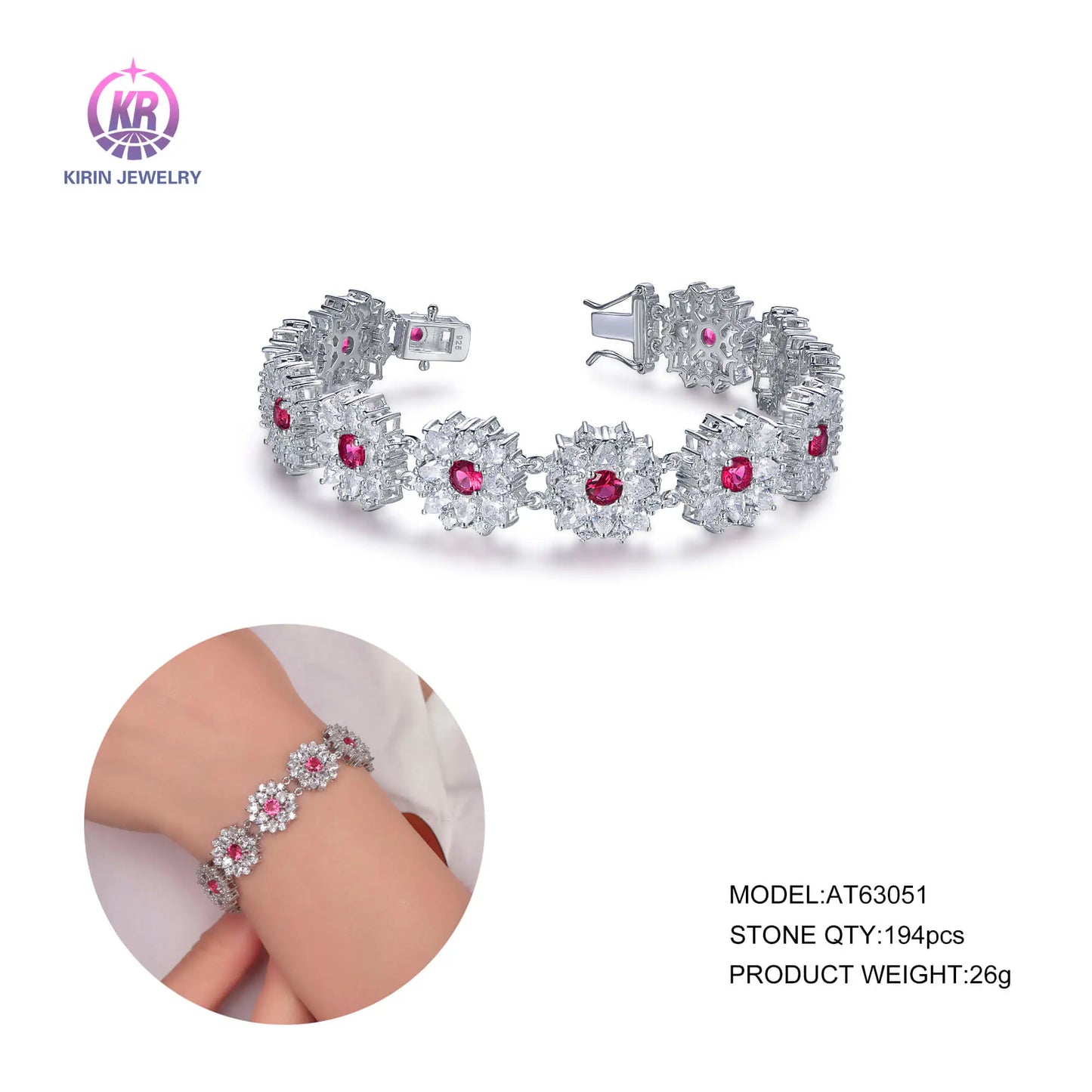 Wholesale Silver CZ & Corundum Created Ruby Flower Tennis Bracelet​ for Women