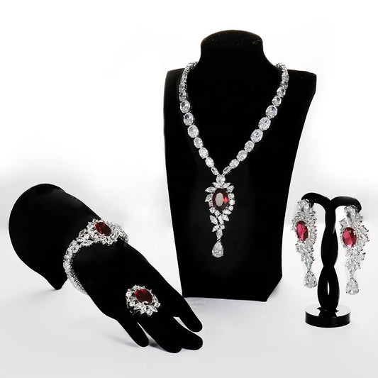 Wholesale Silver CZ & Corundum Floral Leaves Simulated Ruby Bridal Jewelry Sets