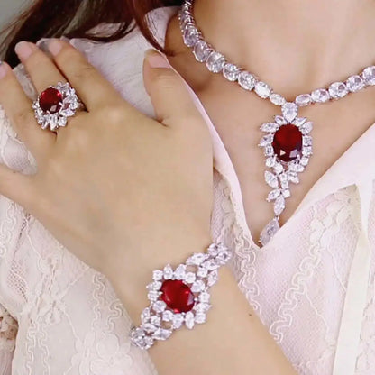 Wholesale Silver CZ & Corundum Floral Leaves Simulated Ruby Bridal Jewelry Sets for Women