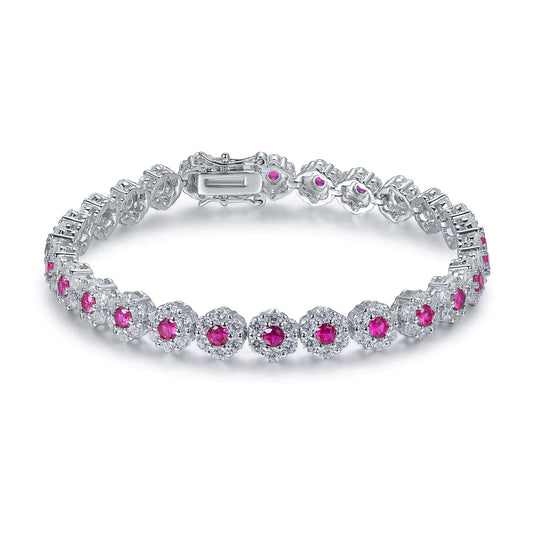 Wholesale Silver CZ & Corundum Flower Lab Created Ruby Diamond Tennis Bracelet​
