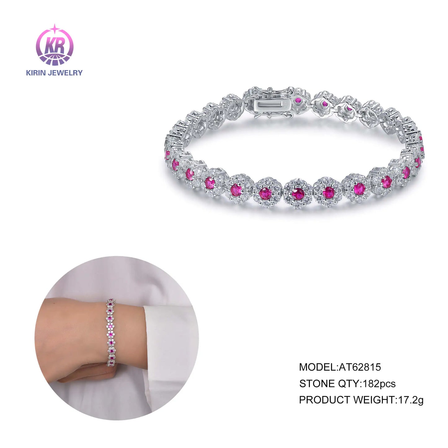 Wholesale Silver CZ & Corundum Flower Lab Created Ruby Diamond Tennis Bracelet​ for Women