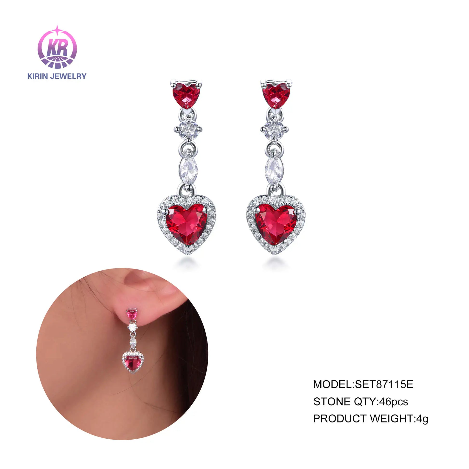 Wholesale Silver CZ & Corundum Lab Created Ruby Earrings Heart Jewelry Set
