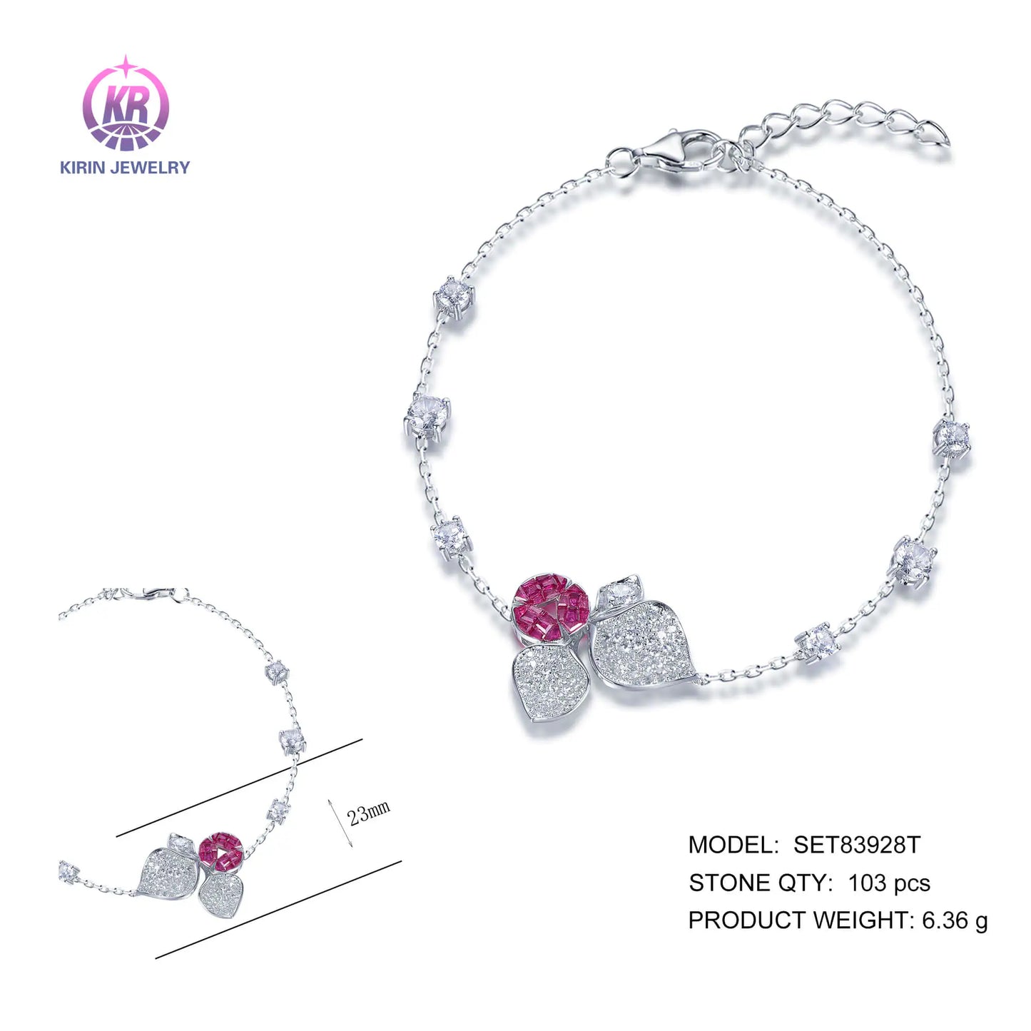 Wholesale Silver CZ & Corundum Lab Created Ruby Fruit Charm Bracelet for Women