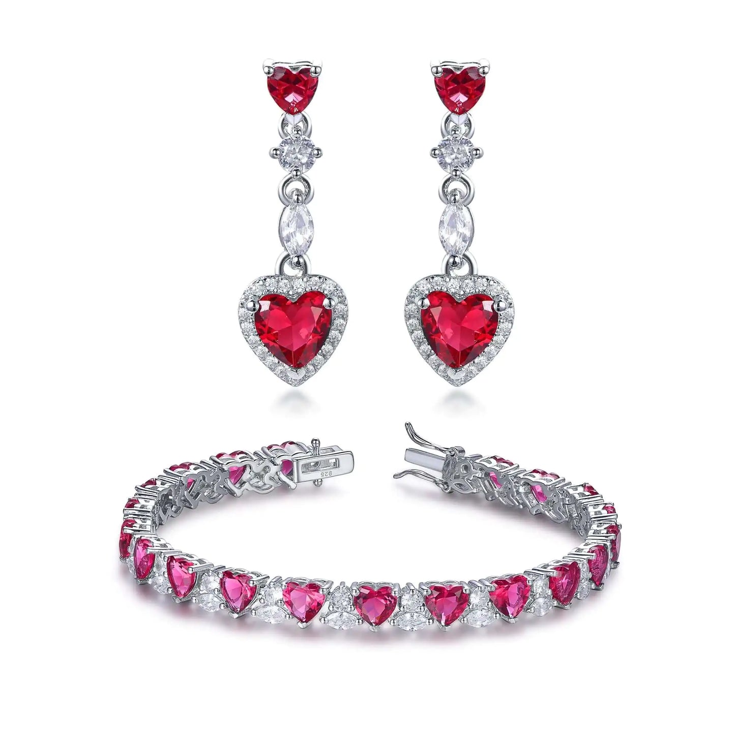 Wholesale Silver CZ & Corundum Lab Created Ruby Heart Jewelry Set