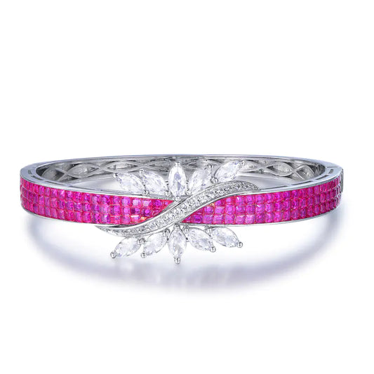 Wholesale Silver CZ & Corundum Leaf Accent Created Ruby Diamond Bangles