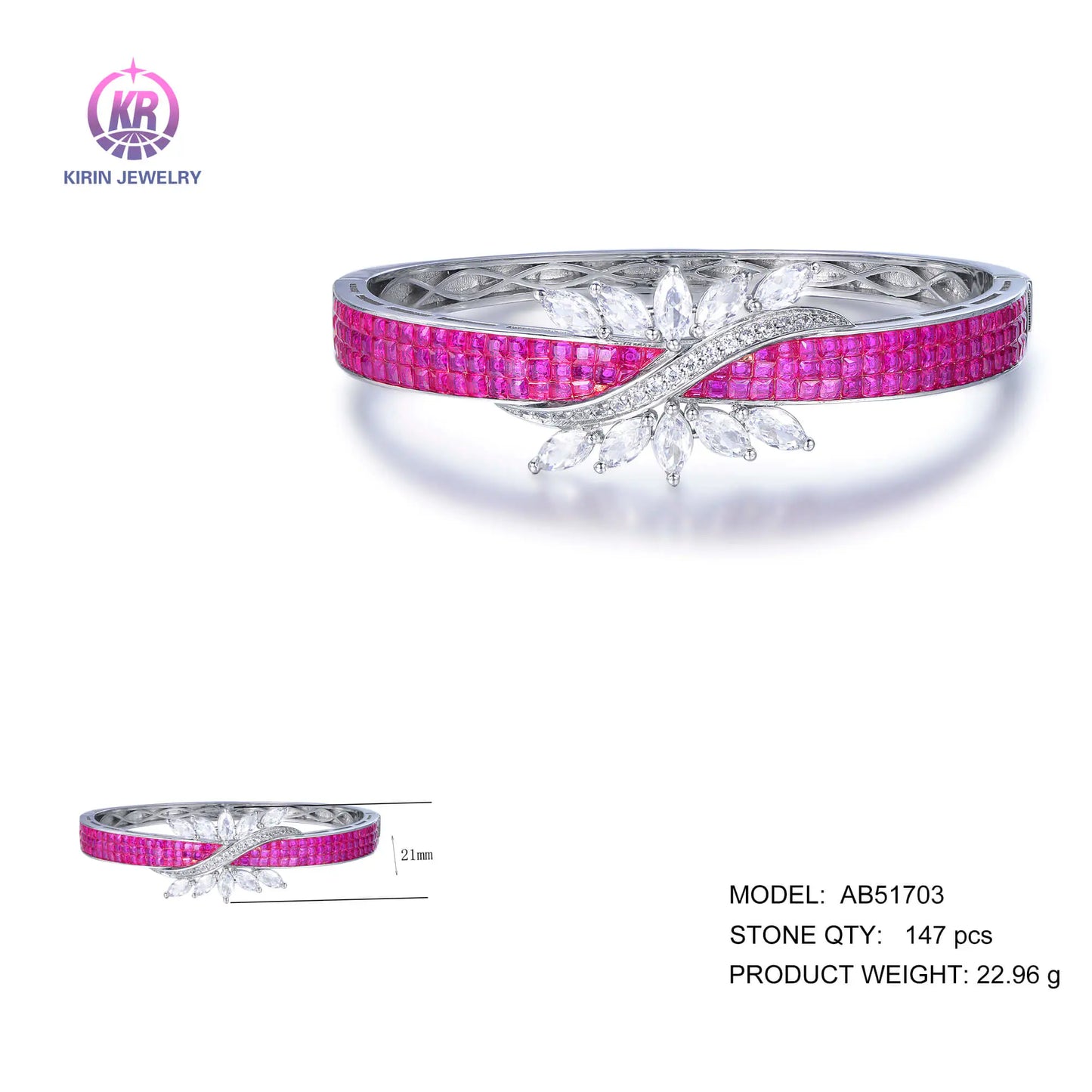 Wholesale Silver CZ & Corundum Leaf Accent Created Ruby Diamond Bangles for Women