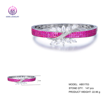 Wholesale Silver CZ & Corundum Leaf Accent Created Ruby Diamond Bangles for Women