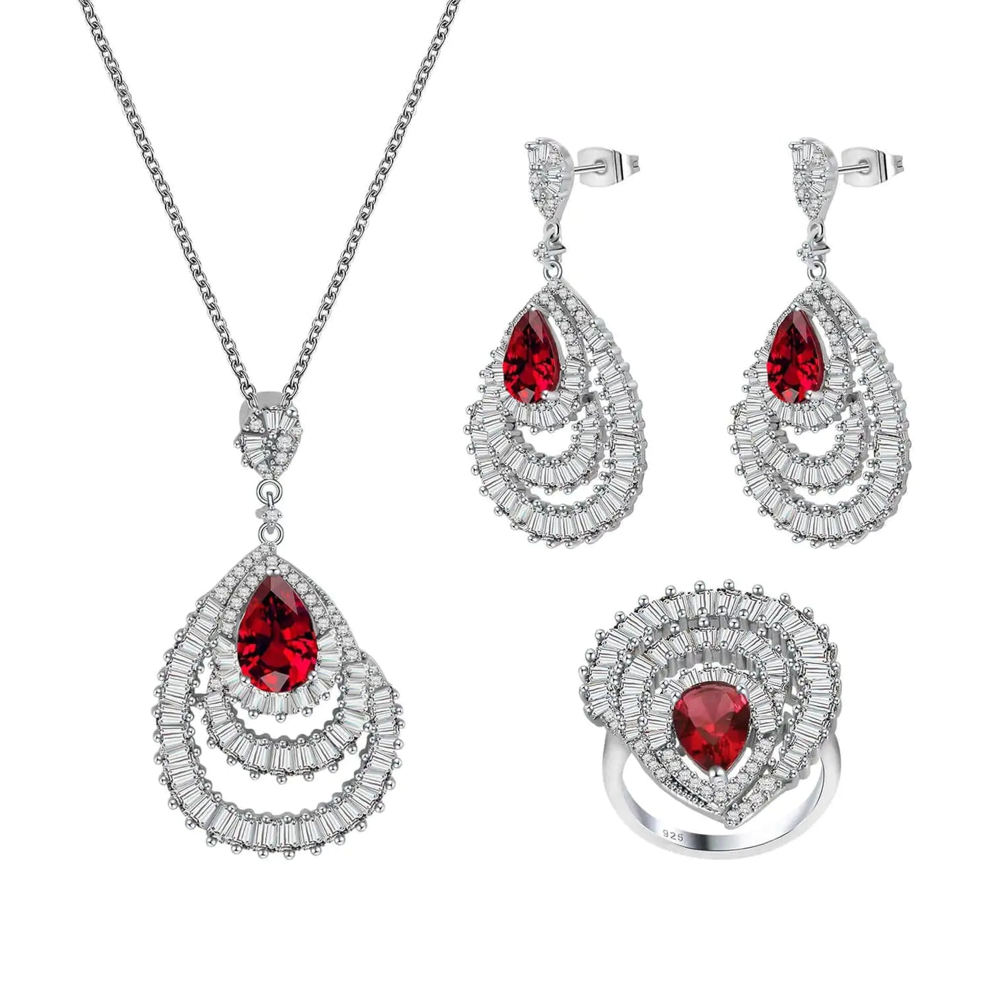 Wholesale Silver CZ & Corundum Pear Lab Created Ruby Bridal Jewelry Set