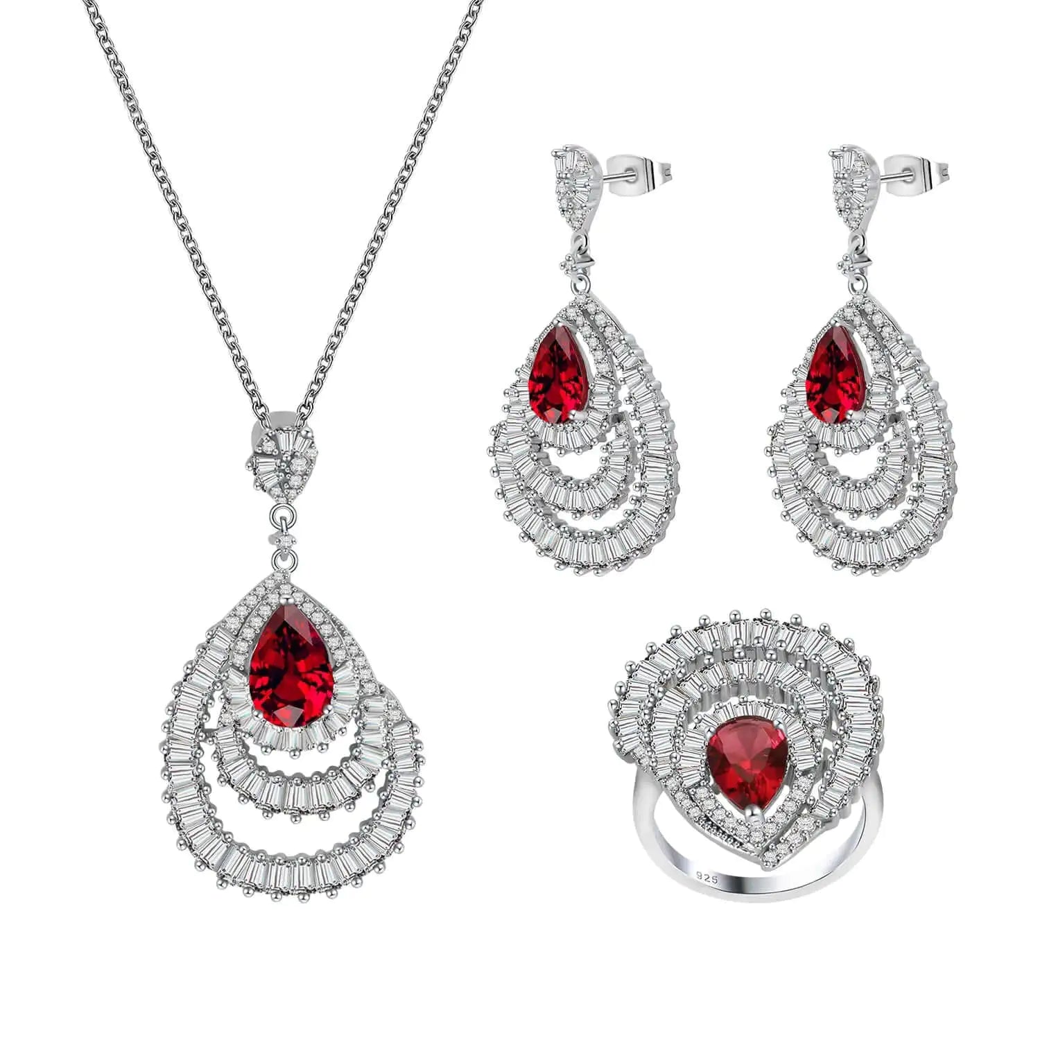 Wholesale Silver CZ & Corundum Pear Lab Created Ruby Bridal Jewelry Set