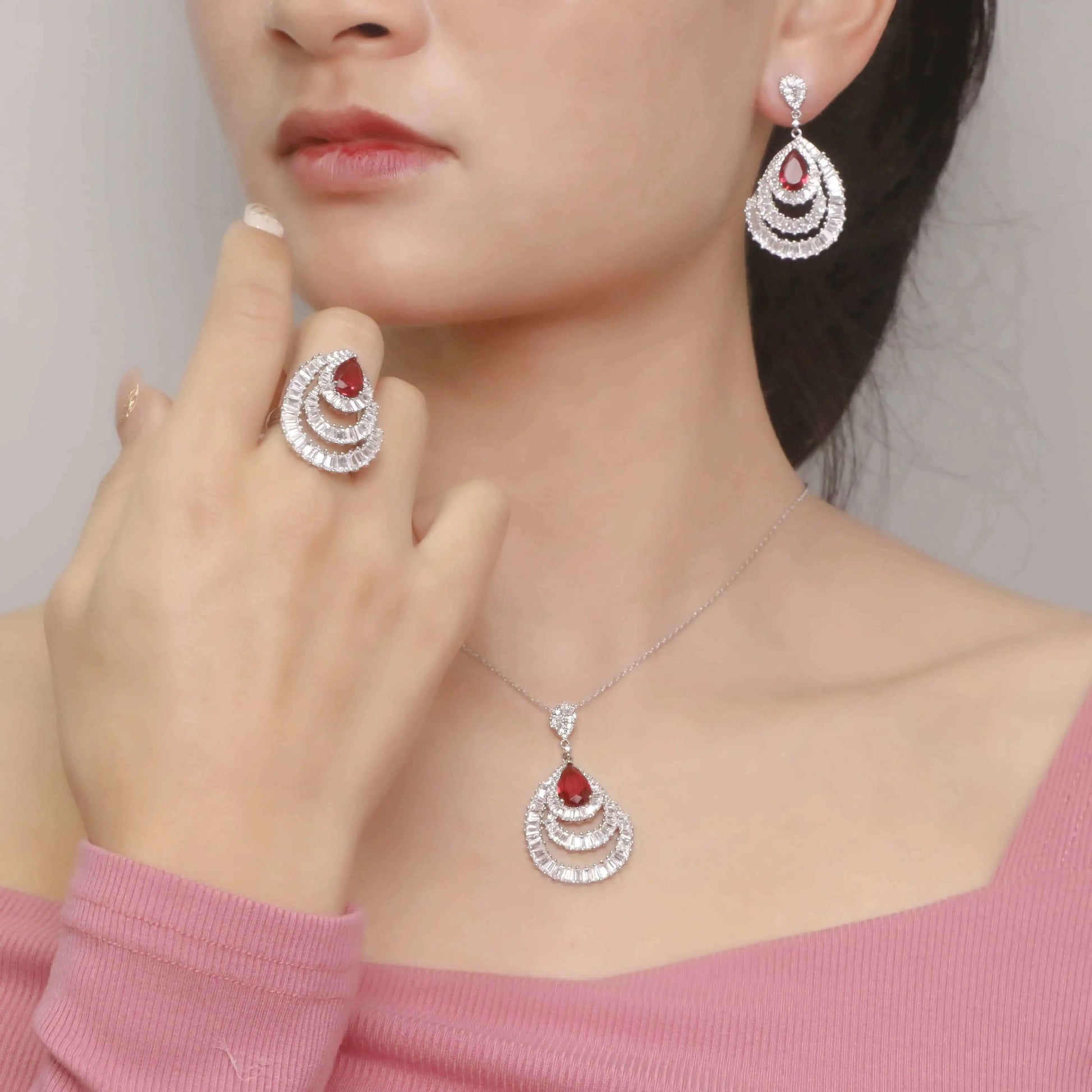 Wholesale Silver CZ & Corundum Pear Lab Created Ruby Bridal Jewelry Set for Women