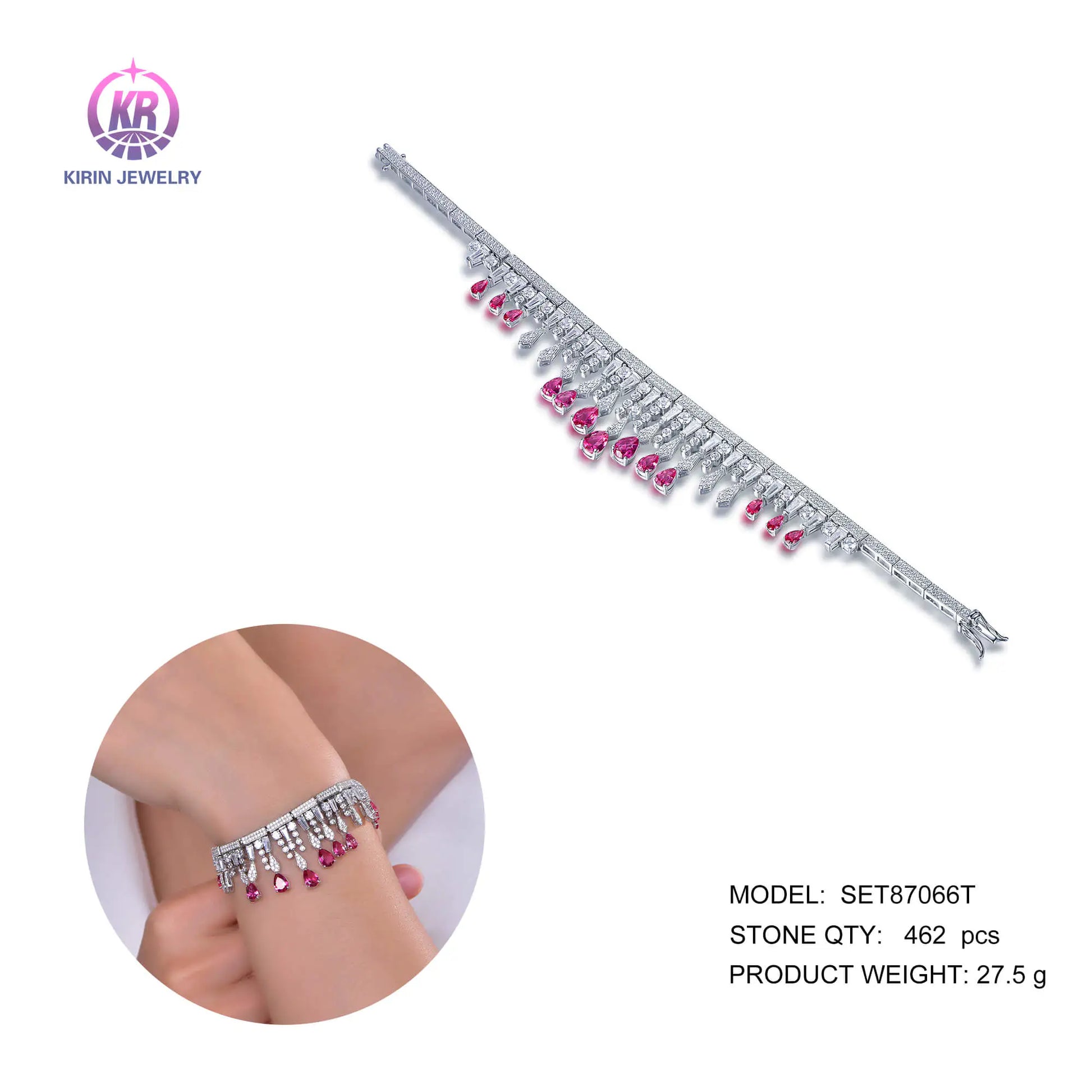 Wholesale Silver CZ & Corundum Simulated Diamond Ruby Tassel Charm Bracelet for Women