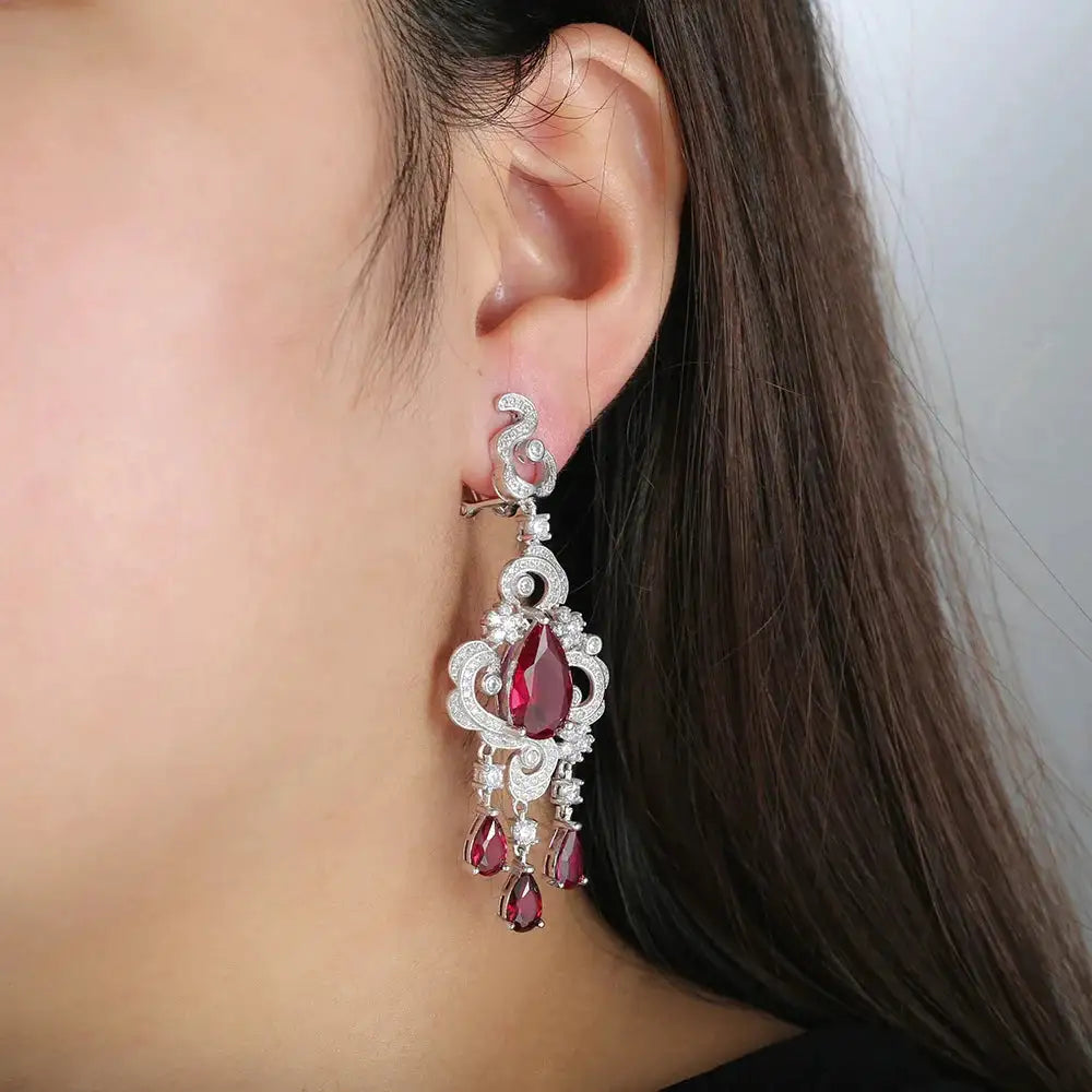 Wholesale Silver CZ & Corundum Simulated Ruby Earrings Bridal Party Jewelry Sets