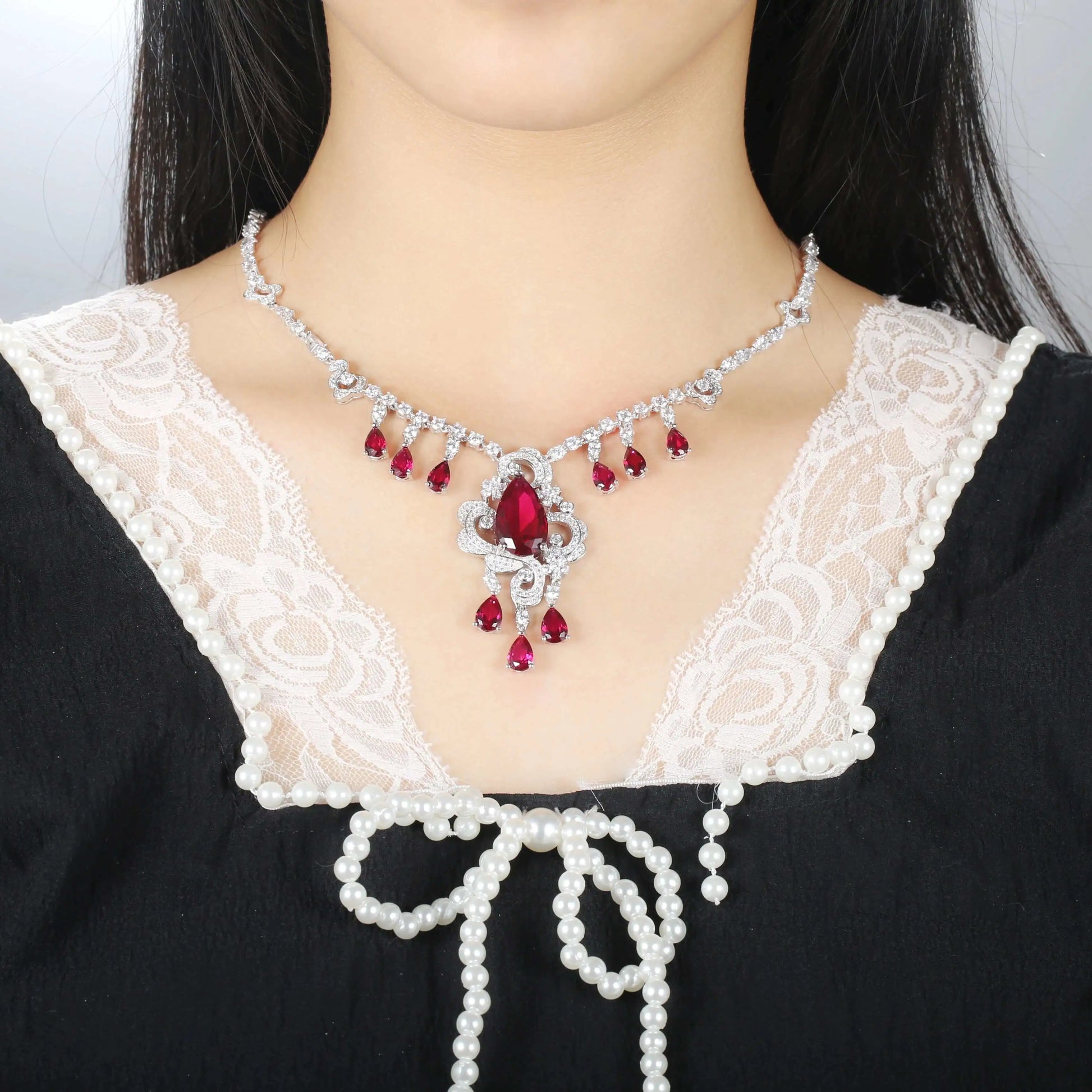 Wholesale Silver CZ & Corundum Simulated Ruby Necklace Bridal Party Jewelry Sets