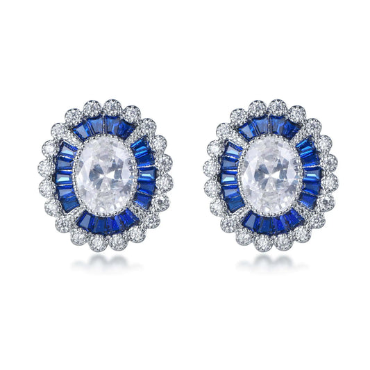 Wholesale Silver CZ & Corundum Statement Lab Diamond & Sapphire Halo Stud Earrings