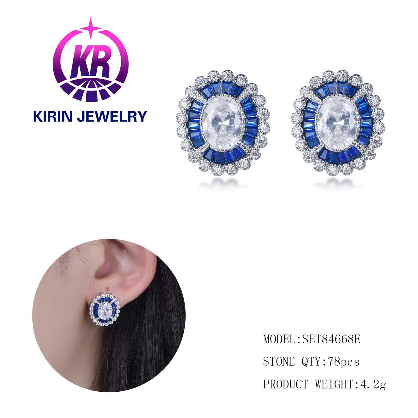Wholesale Silver CZ & Corundum Statement Lab Diamond & Sapphire Halo Stud Earrings for Women