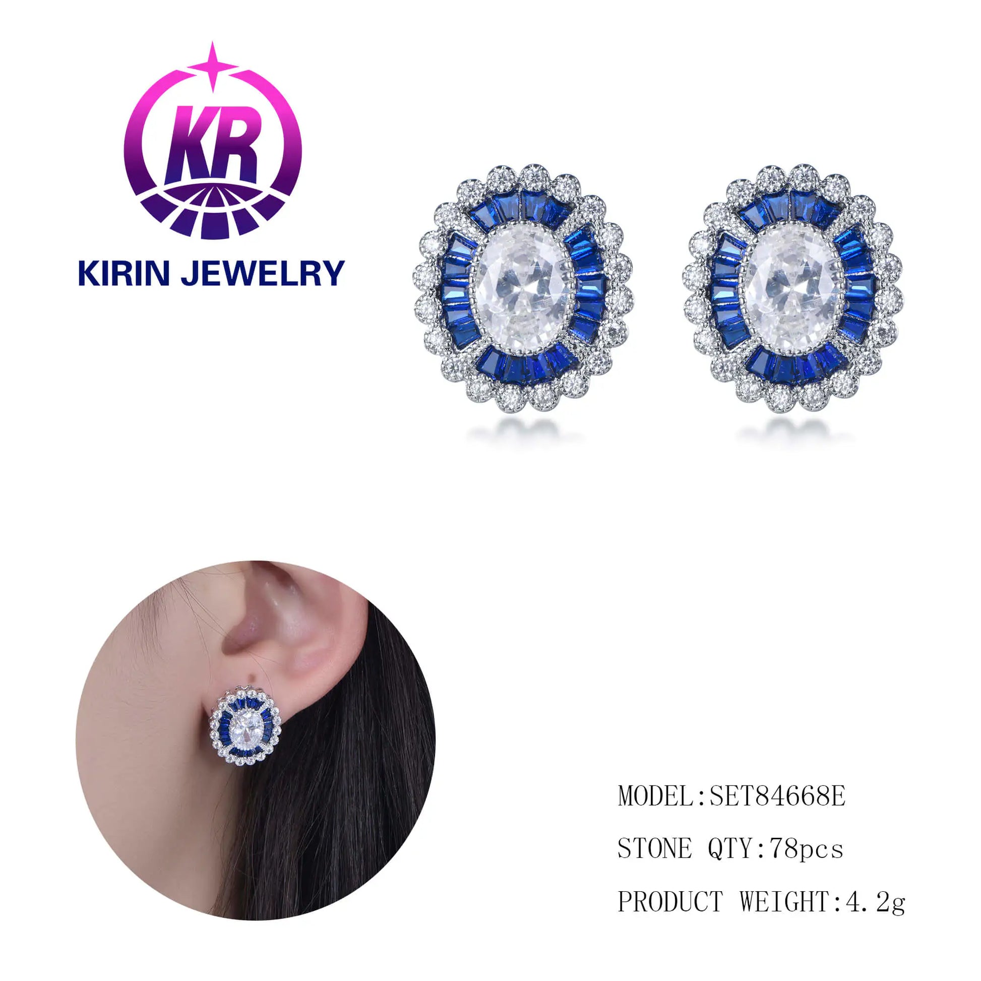 Wholesale Silver CZ & Corundum Statement Lab Diamond & Sapphire Halo Stud Earrings for Women