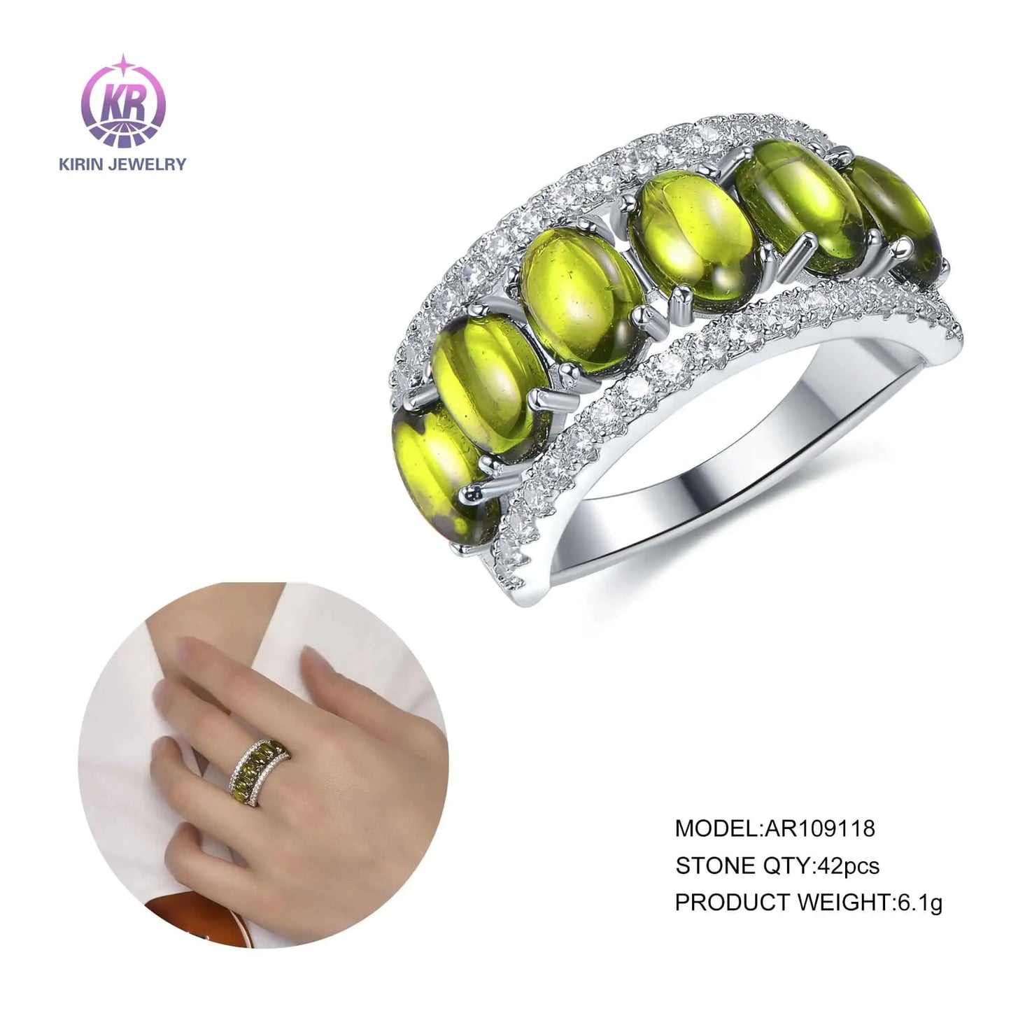 Wholesale Silver CZ Dark Olivine Half Eternity Oval Created Peridot Engagement Ring for Women
