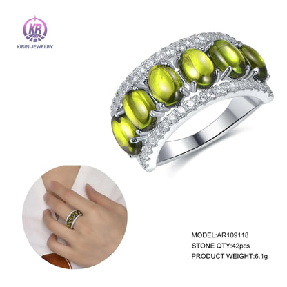 Wholesale Silver CZ Dark Olivine Half Eternity Oval Created Peridot Engagement Ring for Women