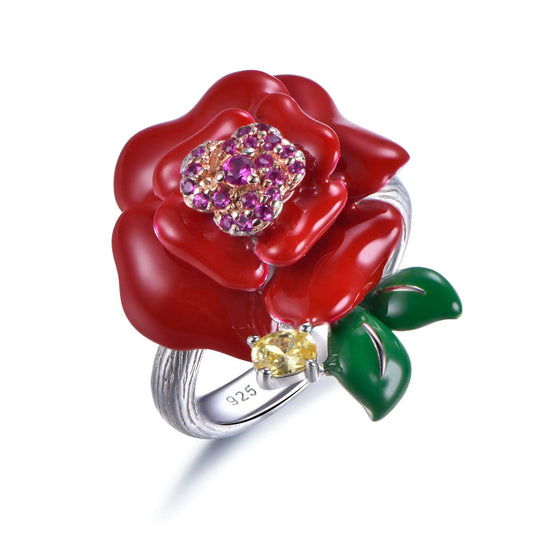 Wholesale Silver CZ & Enamel & Corundum Statement Cocktail Rose Flower Ring