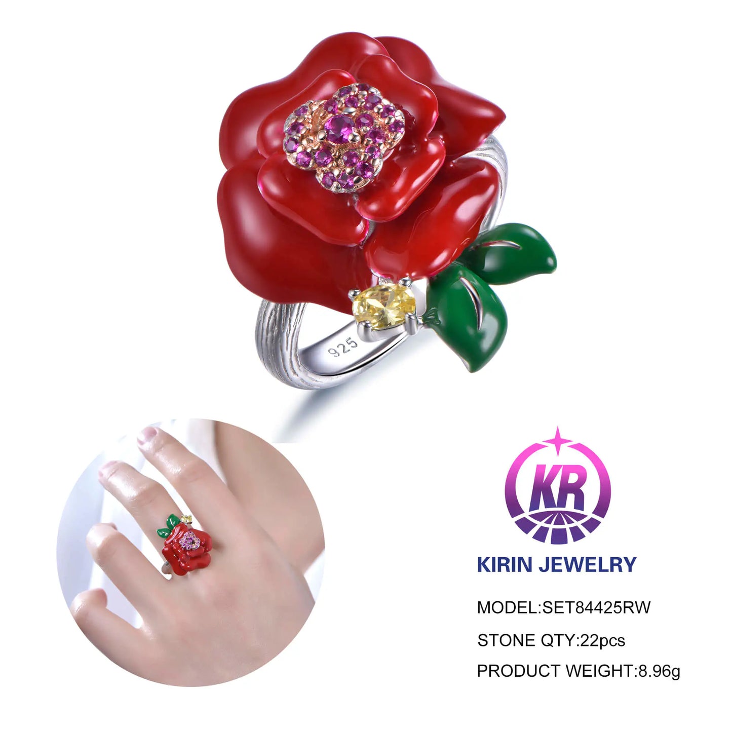 Wholesale Silver CZ & Enamel & Corundum Statement Cocktail Rose Flower Ring for Women