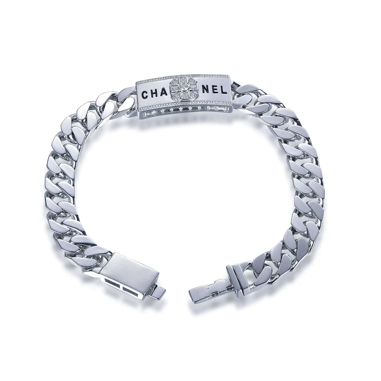 Wholesale Silver CZ & Enamel Personalized Engraved Cuban Curb Chain Bracelet​