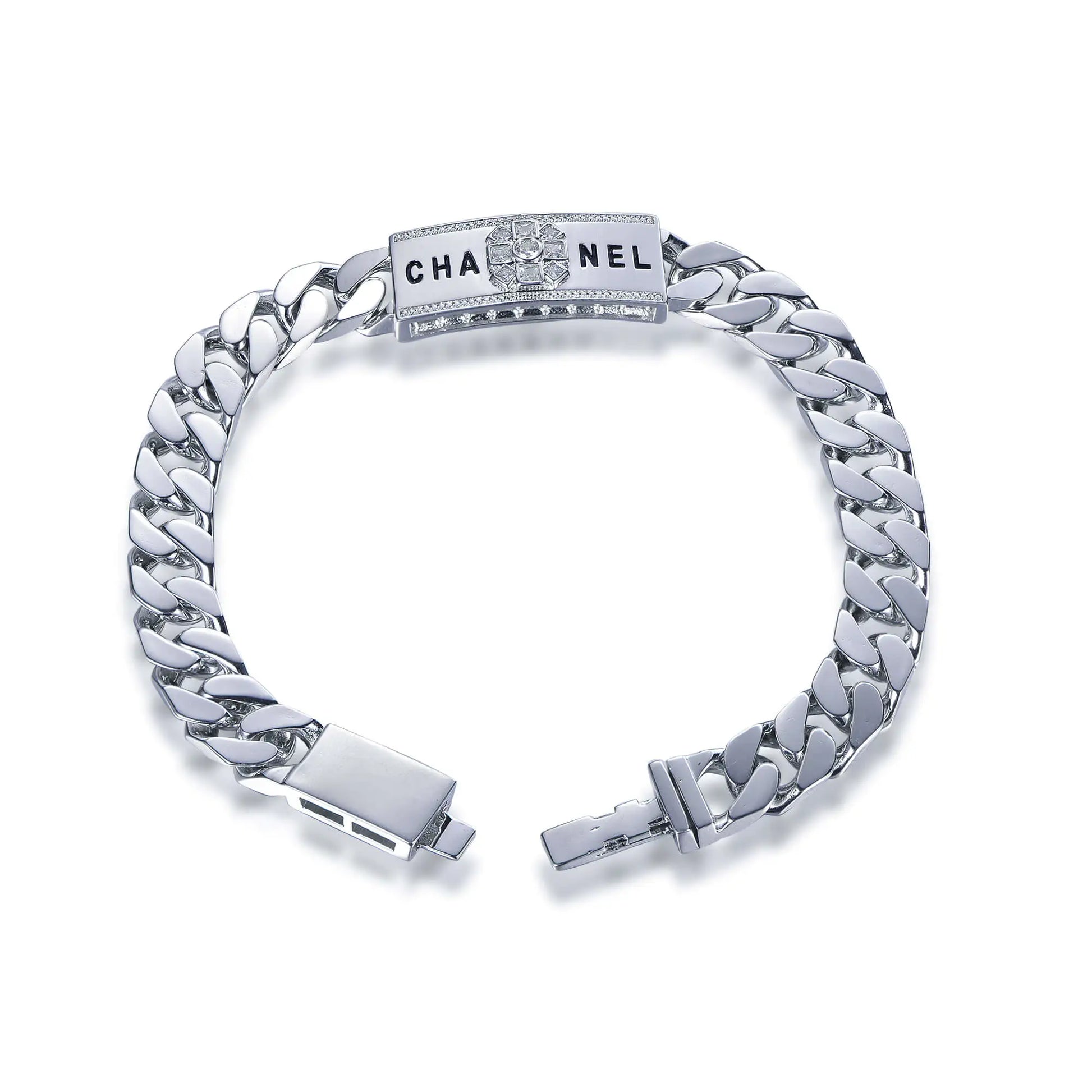 Wholesale Silver CZ & Enamel Personalized Engraved Cuban Curb Chain Bracelet​