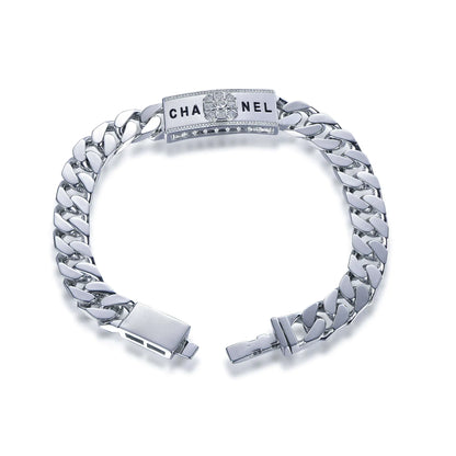 Wholesale Silver CZ & Enamel Personalized Engraved Cuban Curb Chain Bracelet​
