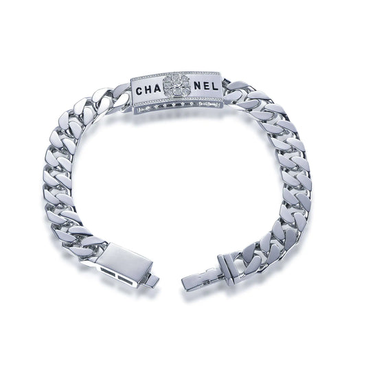 Wholesale Silver CZ & Enamel Personalized Engraved Cuban Curb Chain Bracelet​