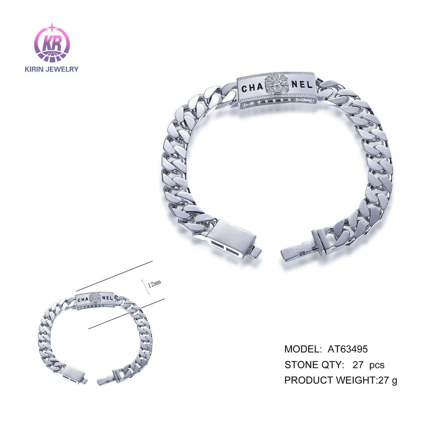 Wholesale Silver CZ & Enamel Personalized Engraved Cuban Curb Chain Bracelet​ for Women
