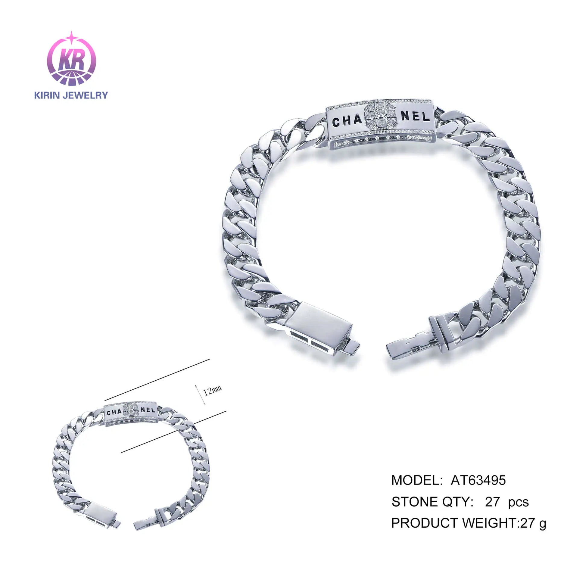 Wholesale Silver CZ & Enamel Personalized Engraved Cuban Curb Chain Bracelet​ for Women