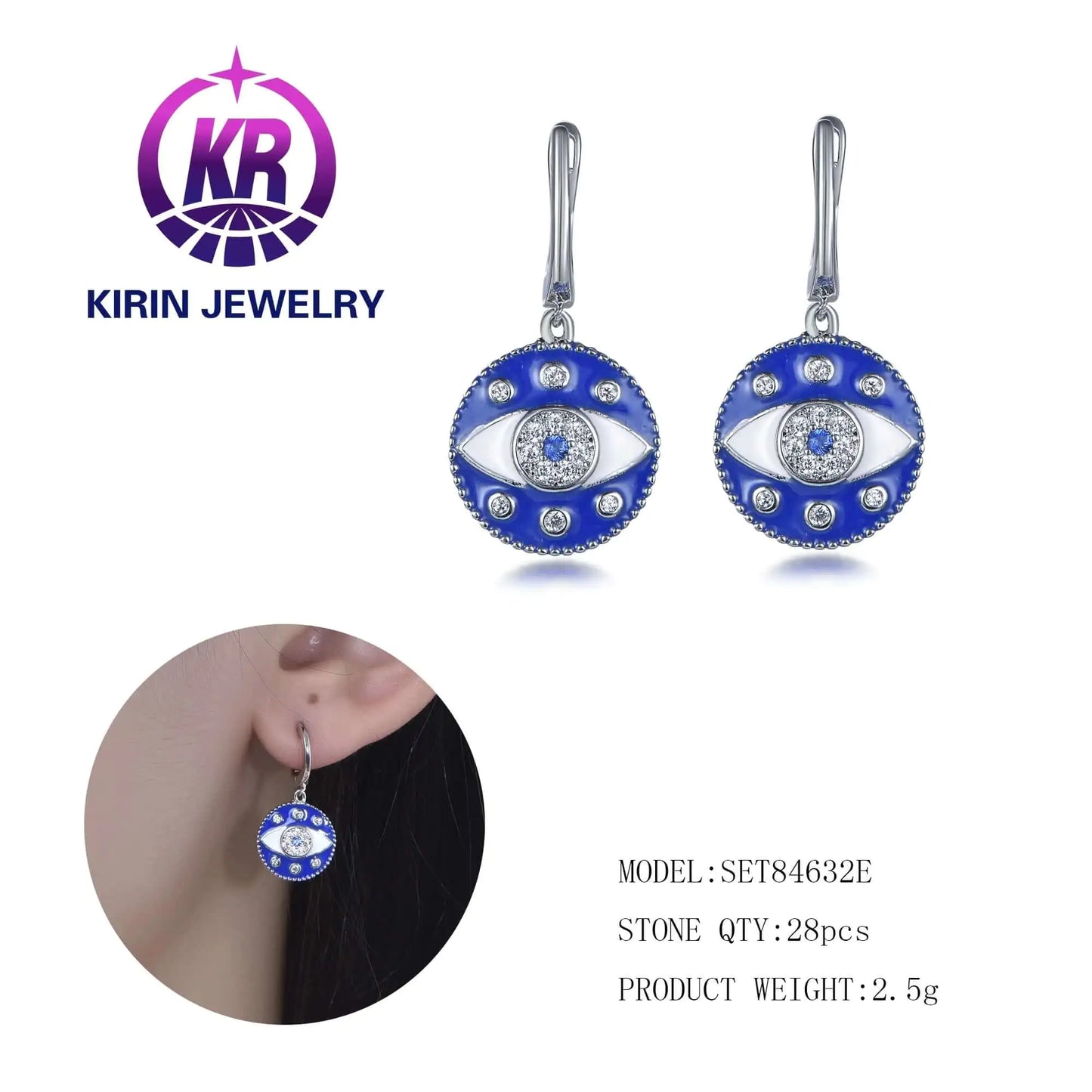Wholesale Silver CZ & Enamel & Spinel Blue Evil Eye Earring Unique Bridal Jewelry Sets