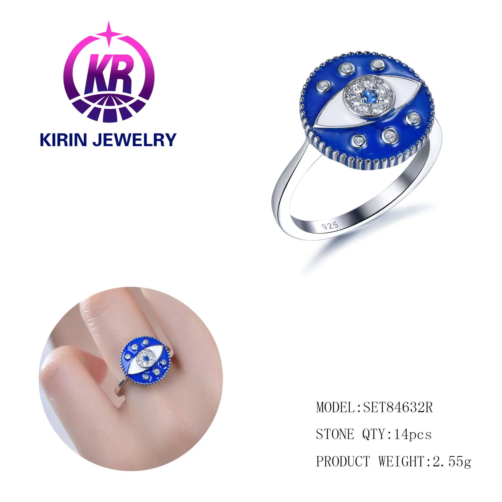 Wholesale Silver CZ & Enamel & Spinel Blue Evil Eye Ring Unique Bridal Jewelry Sets