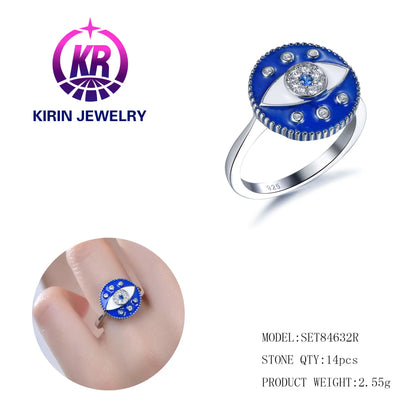 Wholesale Silver CZ & Enamel & Spinel Blue Evil Eye Ring Unique Bridal Jewelry Sets