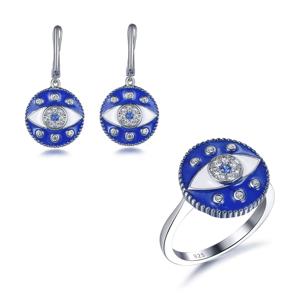 Wholesale Silver CZ & Enamel & Spinel Blue Evil Eye Unique Bridal Jewelry Sets