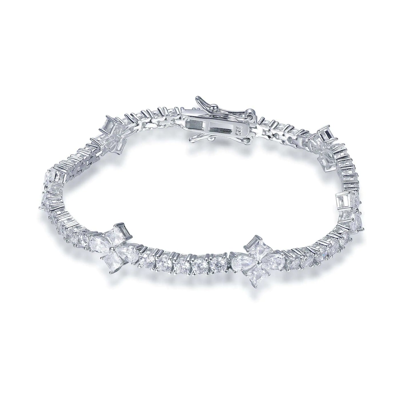 Wholesale Silver CZ Flower Mix Single Row Lab Created Diamond Line Bracelet 