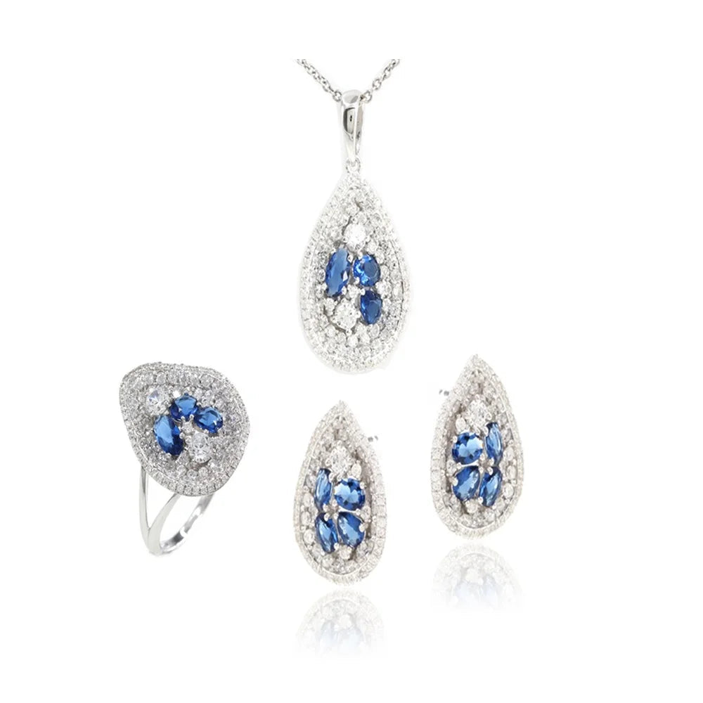 Wholesale Silver CZ & Glass Cluster Gem Teardrop Costume Jewelry Sets