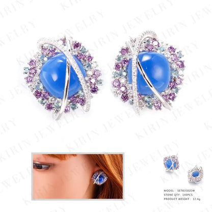 Wholesale Silver CZ & Glass & Crystal Earrings Lab Created Sapphire Jewelry Set
