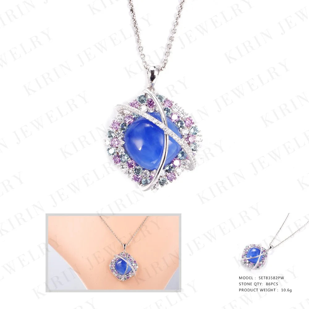 Wholesale Silver CZ & Glass & Crystal 
Pendant Lab Created Sapphire Jewelry Set