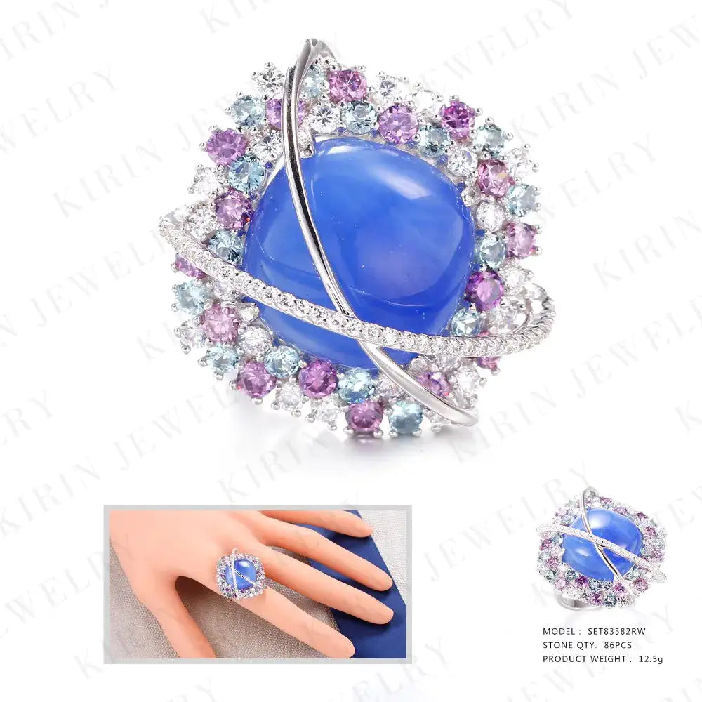 Wholesale Silver CZ & Glass & Crystal Ring Lab Created Sapphire Jewelry Set