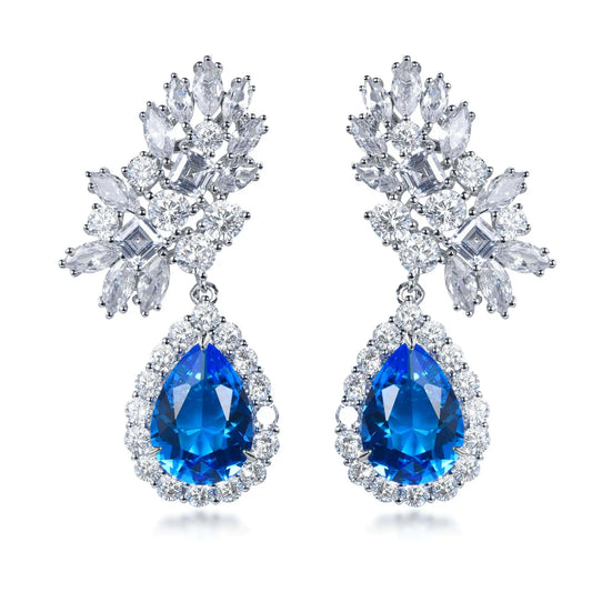 Wholesale Silver CZ & Glass Floral Cluster Lab Sapphire Teardrop Dangle Earrings