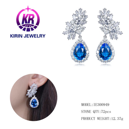Wholesale Silver CZ & Glass Floral Cluster Lab Sapphire Teardrop Dangle Earrings for Women