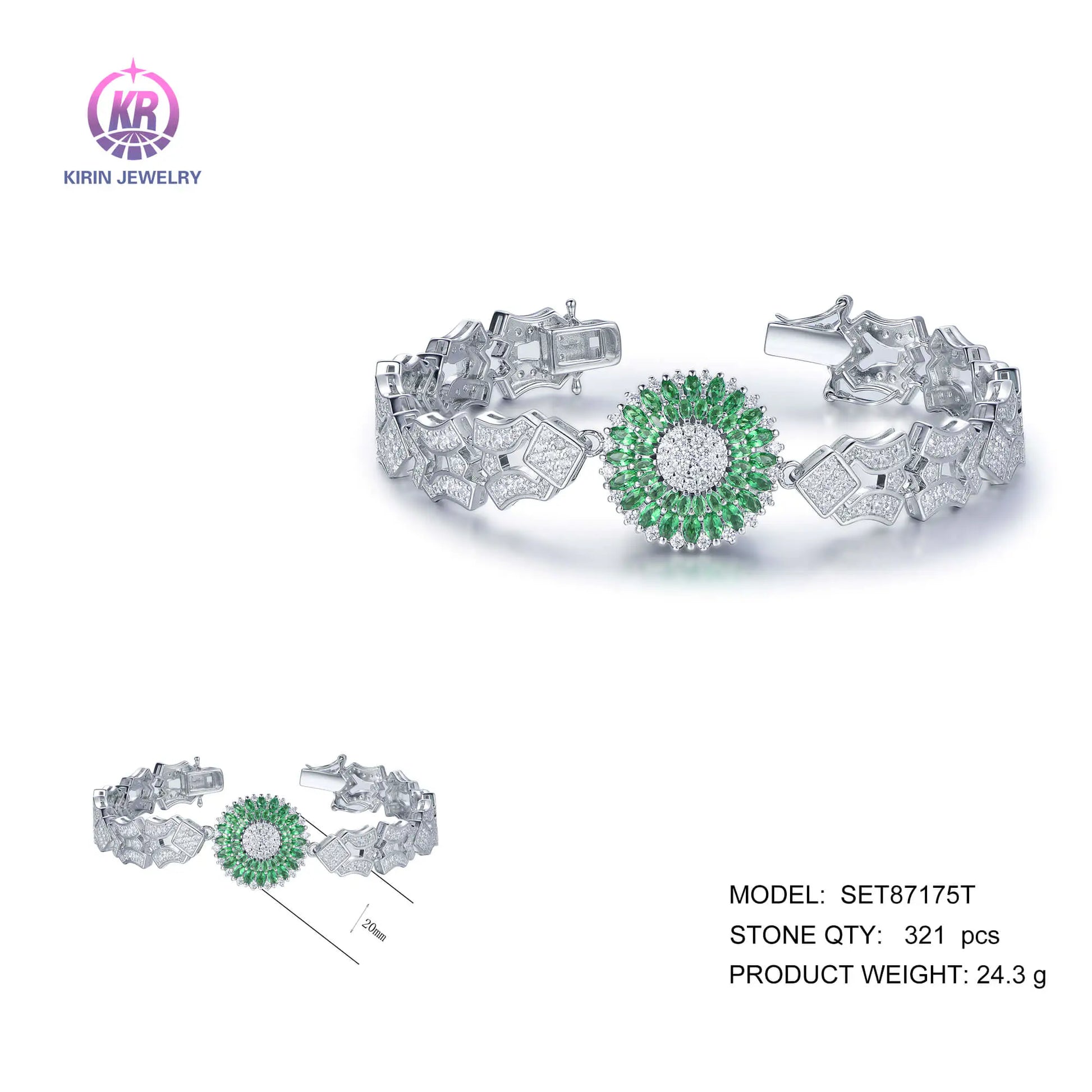 Wholesale Silver CZ & Glass Flower Lab Created Diamond Emerald Bracelet for Women