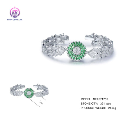 Wholesale Silver CZ & Glass Flower Lab Created Diamond Emerald Bracelet for Women