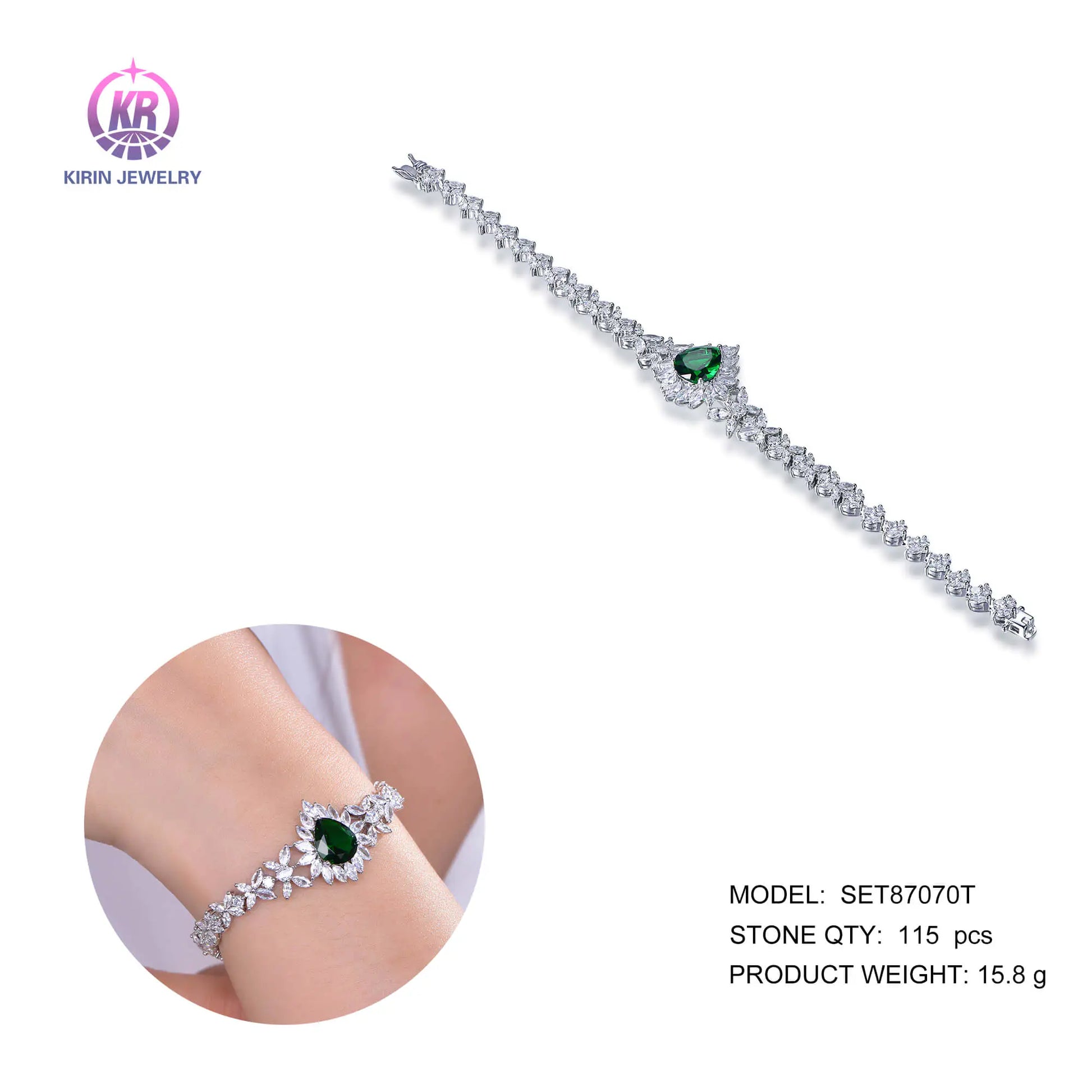 Wholesale Silver CZ & Glass Flower Simulated Diamond and Emerald Tennis Bracelet​ for Women