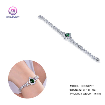 Wholesale Silver CZ & Glass Flower Simulated Diamond and Emerald Tennis Bracelet​ for Women