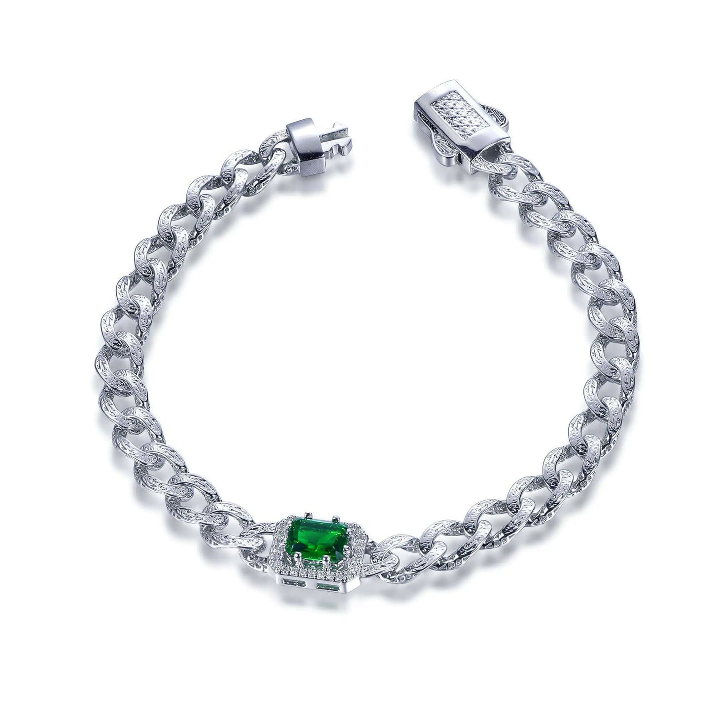 Wholesale Silver CZ & Glass Lab Created Emerald Cuban Link Bracelets